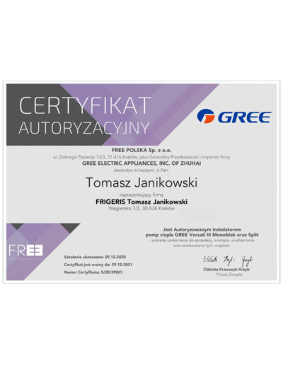 certyfikat frigeris tomasz janikowski